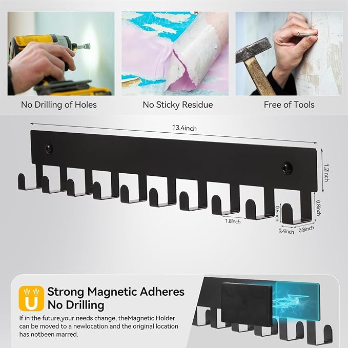Magnetic Key Holder for Fridge, Heavy Duty Strong Magnetic Key Hanger with 10 Hooks for Refrigerator, Magnetic Key Holder Wall Mount for Metal Surface in Entryway, Garage, Pantry, Washing Machine