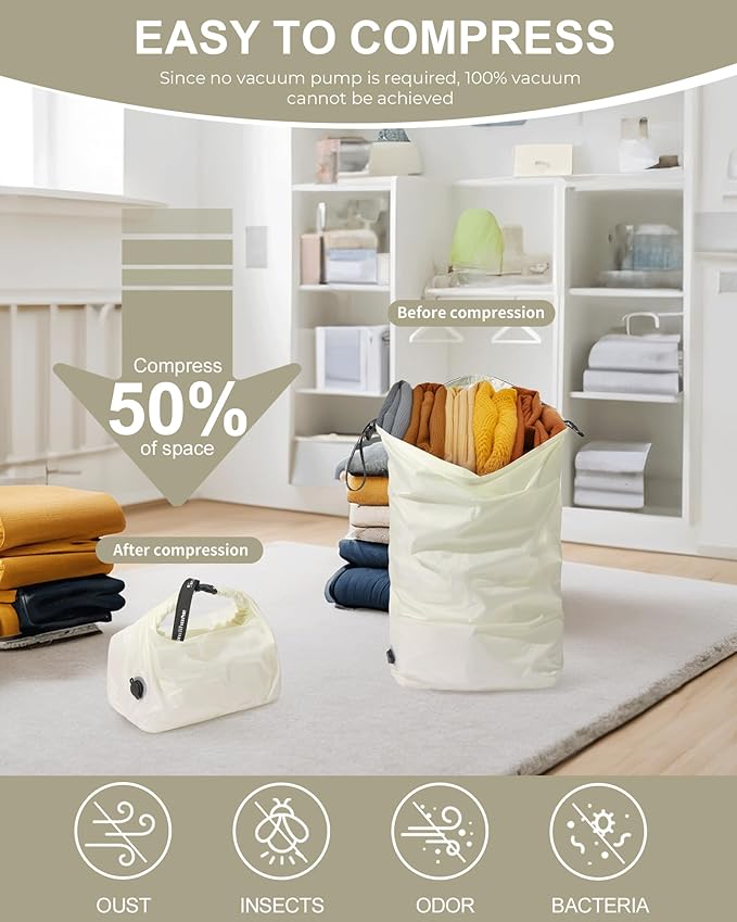 Travel Laundry Bag, Pump-free Vacuum Compression Dirty Clothes Bag, Medium Reusable Waterproof & Washable Laundry Bag, Wet and Dry Bag, Ideal for Suitcases, Laundromats (1 Pcs) White