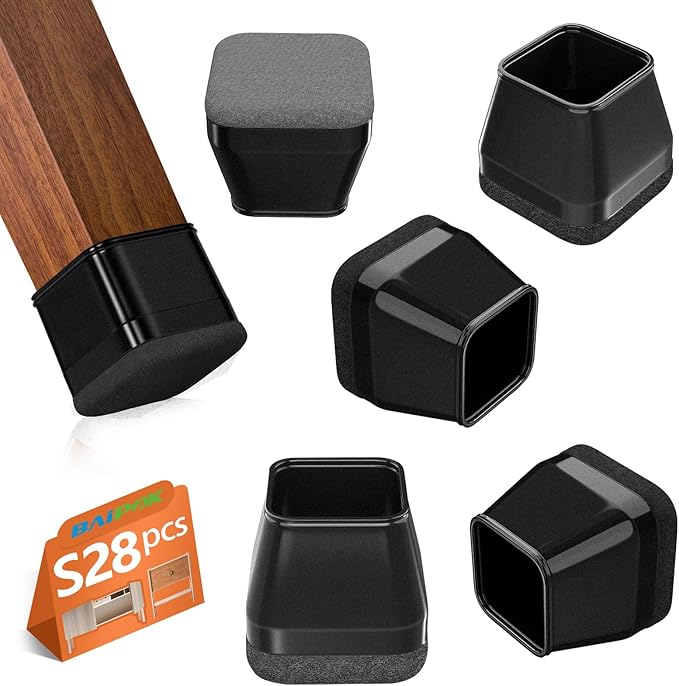 28Pcs Square Chair Leg Floor Protectors with Wrapped Felt Bottom, Silicone Chair Leg Protectors for Hardwood Floors, Chair Legs Cover Prevents Scratches & Reduce Noise (Black S Fit 0.87"-1.10")