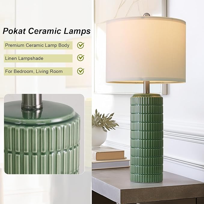 PoKat 27.5" Dark Green Ceramic Table Lamps for Living Room, Farmhouse Table Lamps Set of 2 for Bedroom Night Stands, Modern Bedside Lamps for End Side Table, Vintage Nightstand Decor Lamps Home Office