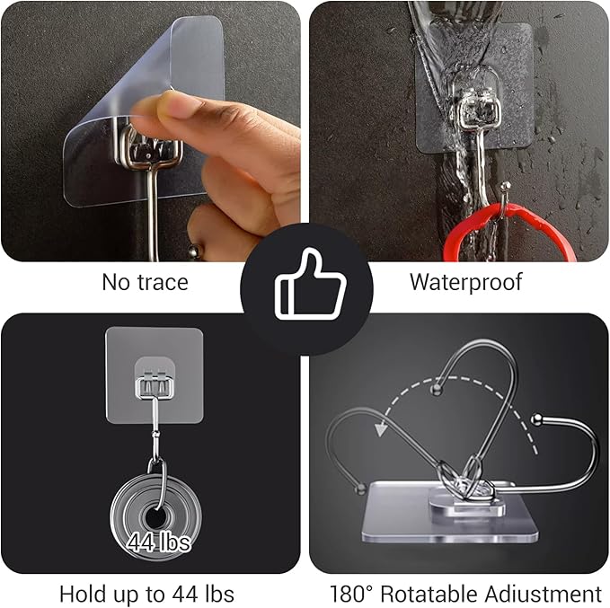Large Adhesive Hooks, 18 Pack Hold 44lb(Max) Heavy-Duty Sticky Hooks,Waterproof & Rustproof Wall Hook for Hanging Can be Use Kitchen Bathroom Outdoor Ceiling Office, Transparent