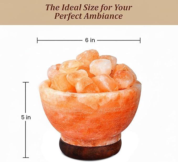 POHS Himalayan Pink Salt Fire Bowl Lamp with Salt Crystal Chunks, dimmable Switch Electrical Cord, with Replaceable Bulbs, Premium Wood Base