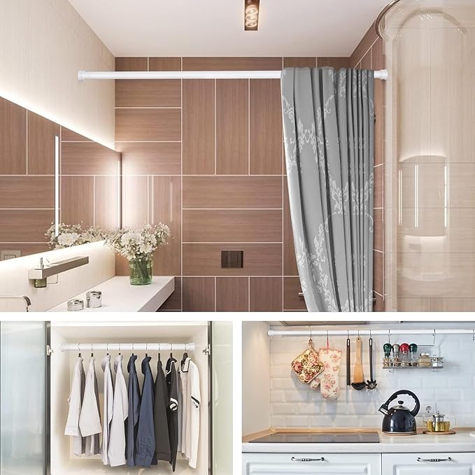 2 Pack No Sectional Assembly Shower Curtain Rod 56-104 Inch, 1" Diameter Spring Long Adjustable Tension Curtain Rods for Bathroom Windows Closet No Drilling No Rust, White