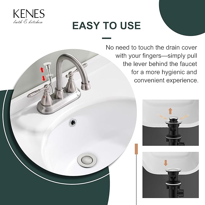 KENES Bathroom Sink Drain Stopper Assembly with Lift Rod, Brushed Nickel Sink Drain with Overflow, Lavatory Pop Up Drain Assembly for Bathroom Vanity Sink, LJ-P701