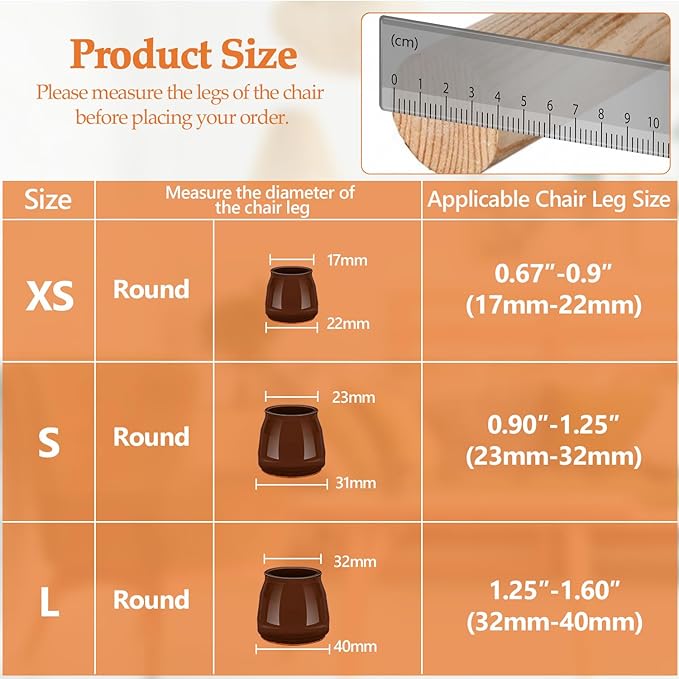16pcs Round Chair Leg Floor Protectors, Felt Pads Chair Leg Protectors for Hardwood Floors, Silicone Furniture Feet Cups Covers Felt Pads, Prevents Scratches & Reduce Noise, Brown, X-Small