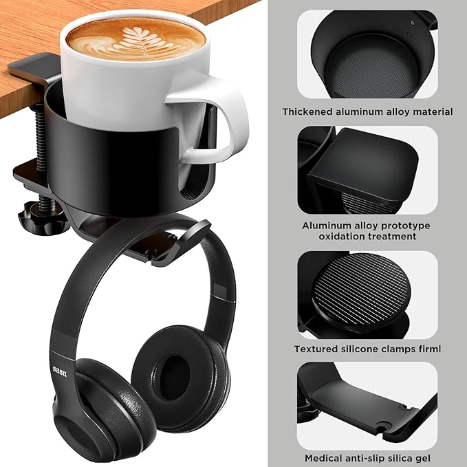 OOKUU 2-in-1 Desk Cup Holder with Headphone Hanger, Anti-Spill Cup Holder for Desk or Table, Easy to Install, Sturdy and Durable, Large Enough to Hold Coffee Mugs, Water Bottles, Headphones