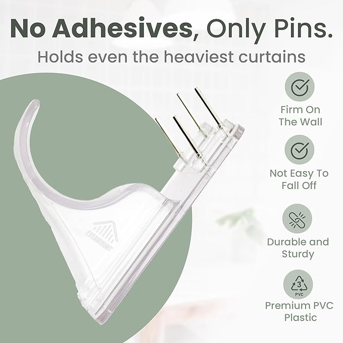 No Adhesive Heavy Duty Curtain Rod Holders with Wide Hook, 5X Stronger Than Adhesive Curtain Rod Hooks, Tension Curtain Rod Bracket for Wall with Pin Guide, Curtain Wall Mount (4 Pack, for 1.25" Rods)