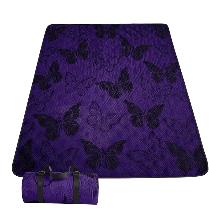 Outdoor Picnic Blanket Portable Ultrasonic Waterproof Picnic Cartoon Black Butterfly Printed Camping Beach Mat for Sand and Wet Grass Hiking (Black Butterfly L