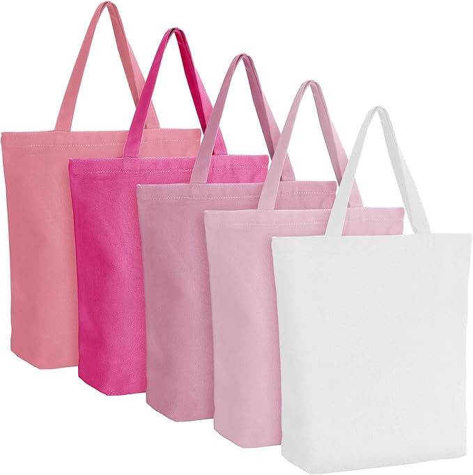 Reginary Reusable Canvas Grocery Shopping Tote Bag Bulk with Zipper & Handle Nurse Staff Coworker Employee Appreciation Gift(Pink,5 Pcs)