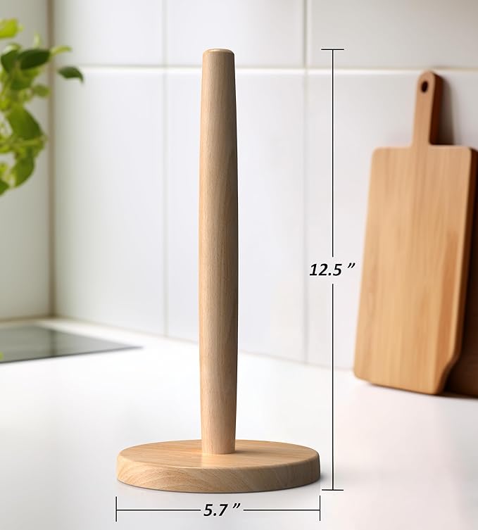 KitchLife Wooden Paper Towel Holder Countertop, Fits Jumbo Roll - Solid Beechwood Paper Towel Dispenser Stand with Wide Anti-Skid Base