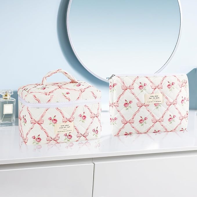 2Pcs Cotton Quilted Makeup Bag for Women Girls, Large Small Travel Floral Cosmetic Bags Set, Cute Coquette Pink Makeup Pouch for Purse, Aesthetic Cloth Flower Storage Toiletry Bag Organizer