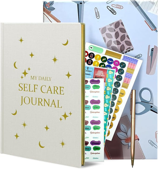 Gratitude Journal, Daily Reflection Journal for More Happiness, Mindfulness & Affirmation, Self Care Journals for Women & Men, 6 Inspirational Stickers and Ballpoint Pen, Beige