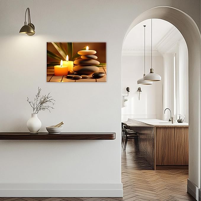 Zen Canvas Wall Art Candles Stones Pictures Print Spa Serene Still Life Painting Meditation Framed Artwork for Spa Yoga Room Bathroom Decor(Artwork-1,12"x18")