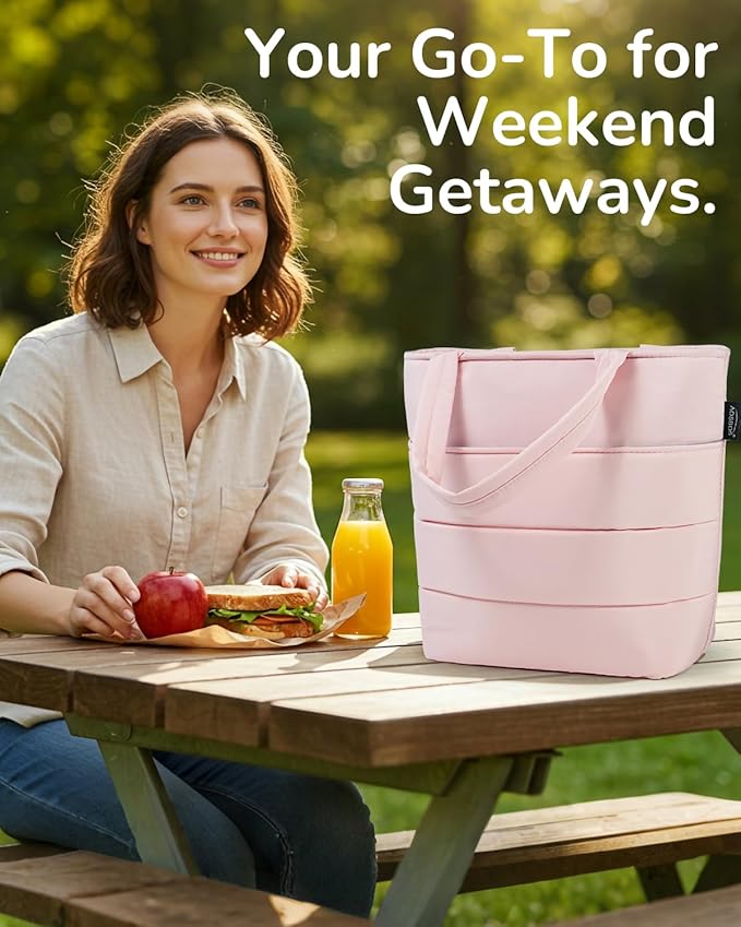 Aosbos Quilted Lunch Bag - Leakproof Puffer Insulated Tote, Lunch Box for Women, Work, Office, Picnic, Pink