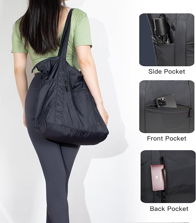 Foldable Lightweight Travel Duffel Tote Bag, Nylon and Polyester Packable Totes with Zipper, 23-28L Collapsible Compact Large for Women and Men, Black