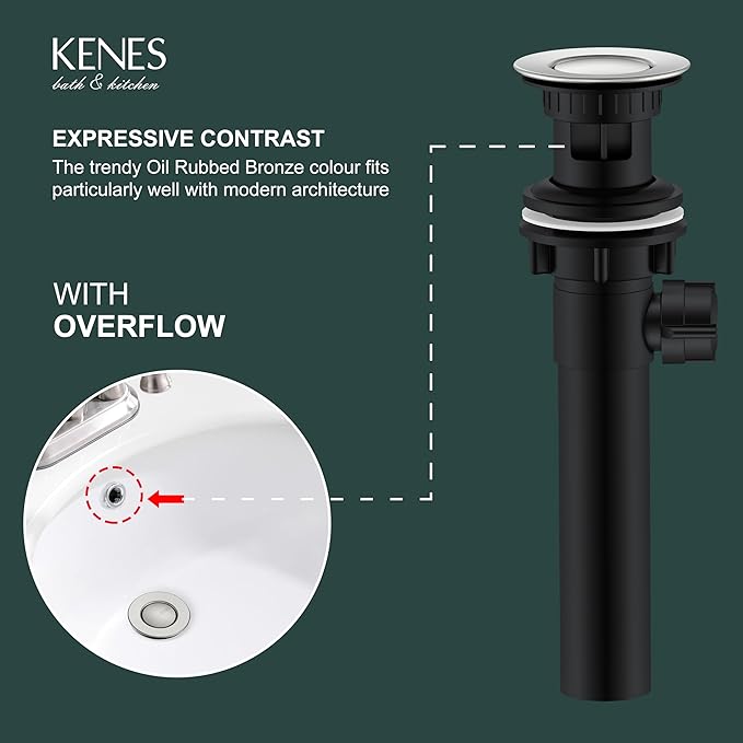 KENES Bathroom Sink Drain Stopper Assembly with Lift Rod, Brushed Nickel Sink Drain with Overflow, Lavatory Pop Up Drain Assembly for Bathroom Vanity Sink, LJ-P701