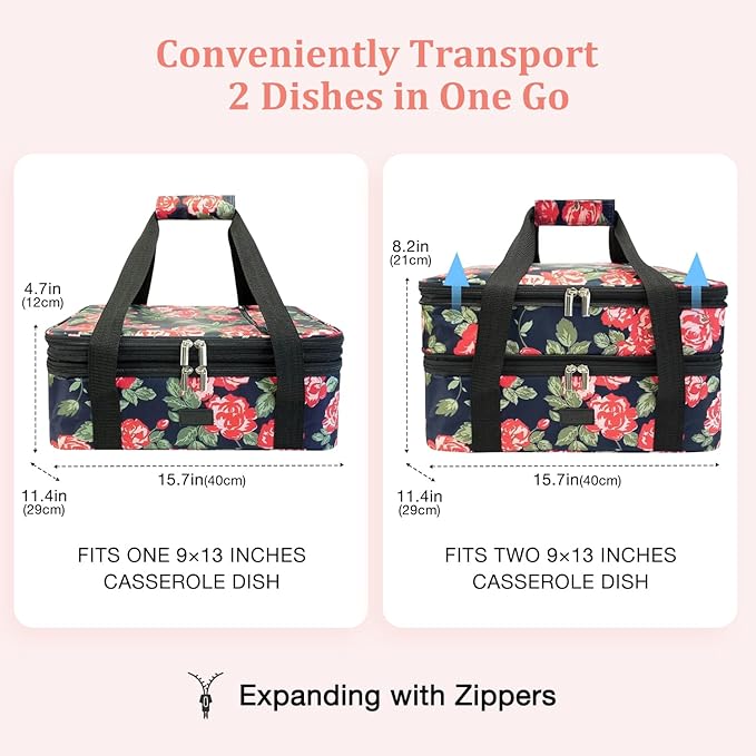 Vuudh Expandable Casserole Carrier Bag - Double Decker Food Bag, Insulated Casserole Carrier for Hot or Cold Food, Lasagna Holder Tote for Picnics, Beaches, Traveling or Gifts