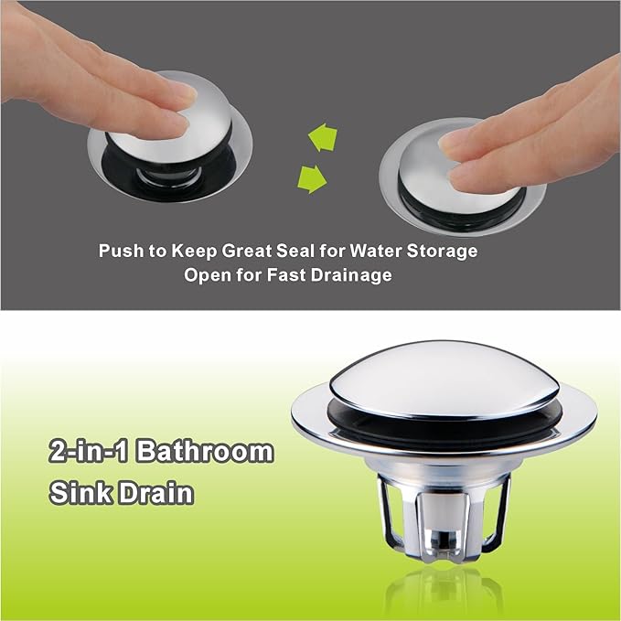 2 Pack Chrome Sink Drain Stopper,Glimflorus Universal 2-in-1 Pop Up Bathroom Sink Stopper with Hair Catcher and Strainer for 1 1/8"-1 1/2" Drain Holes