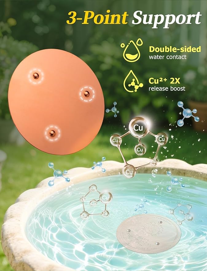 Mellbree 3-Pack Bird Bath Copper Disk, 0.6mm Reinforced 99.99% Pure Copper Cleaning Disk with Triple-Point Support for Physical Safe Clean Water All-Season (Flower)