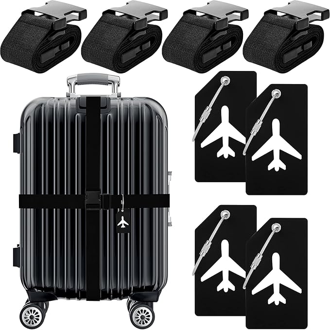 Weewooday 8 Pcs Luggage Straps Suitcase Tags Set for TSA Approved, 4 Travel Adjustable Suitcase Belt, 4 Silicone Luggage Tags with Name ID Card Travel Accessories (Black, Airplane)
