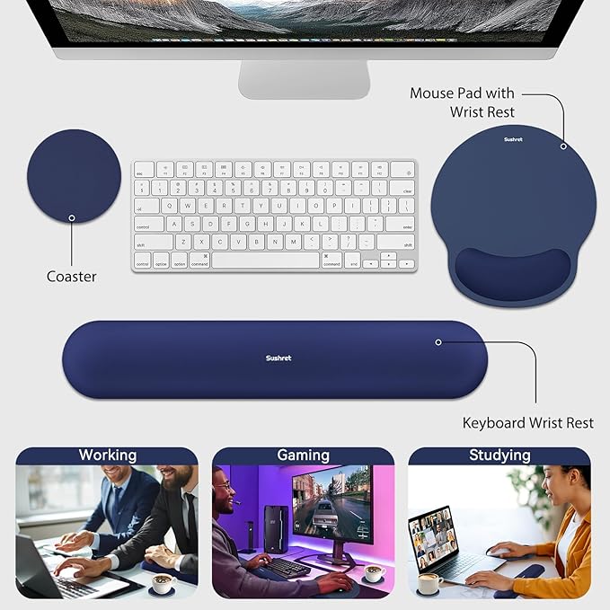 Mouse Pad and Keyboard Wrist Rest, 3-in-1 Gel Memory Foam Ergonomic Mouse Pad with Wrist Rest Set, Gaming Mousepad Arm Cushion Support for Computer Office Desk Accessories Cute Setup,Dark Blue