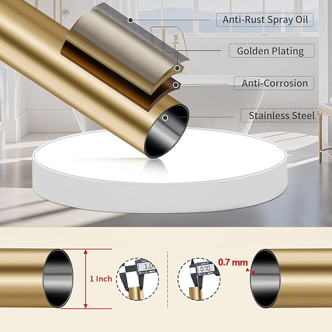 YNL Shower Curtain Rod 34-120 Inches, Adjustable Gold Shower Rod No Drilling, Non-Slip, Never Rust, Stainless Steel, Suitable for Bathroom Living Room, Gold