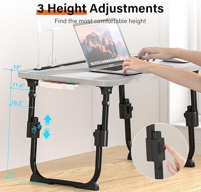 Laptop Desk for Bed Height Adjustable, Lap Bed Table with USB/Storage Drawer/Cup Holder/Tablet Stand/Book Shelf, Foldable Breakfast Tray Portable for Reading Writing, Sofa & Floor, Light Stone Texture