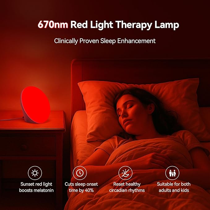 670nm Red Light Therapy Sleep Device & 10,000 Lux Sun Lamp – Dual Function Sleep Aid and Sunlight Lamp, Red Night Light Lamp to Support Deep Relaxation and Improve Sleeping for Adult & Kid Bedroom