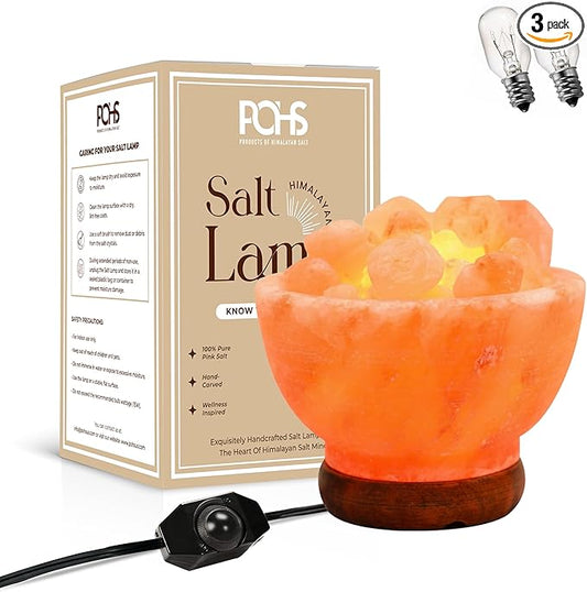 POHS Himalayan Pink Salt Fire Bowl Lamp with Salt Crystal Chunks, dimmable Switch Electrical Cord, with Replaceable Bulbs, Premium Wood Base