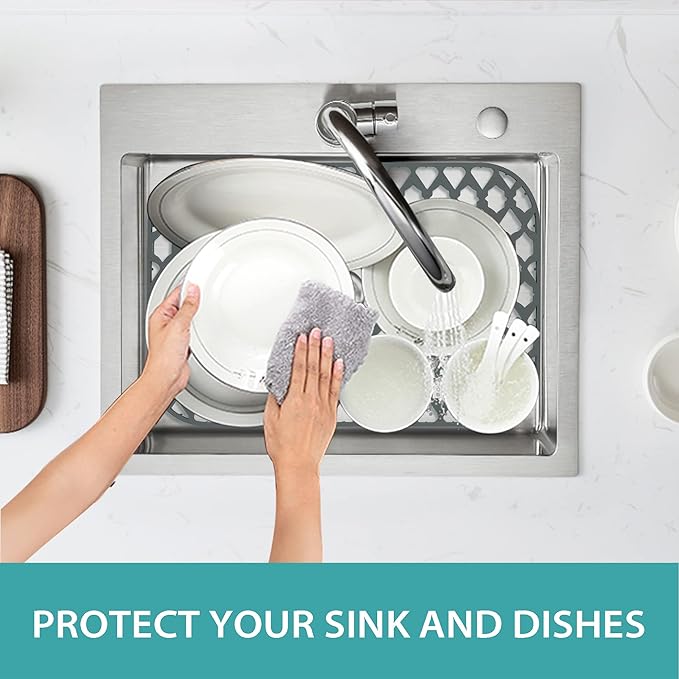 Sink Protectors for Kitchen Sink, Kitchen Sink Accessory - Silicone Mats Grid for Stainless Steel Strainer Bottom of Farmhouse Porcelain sinks (19”x14”, Rear Drain)