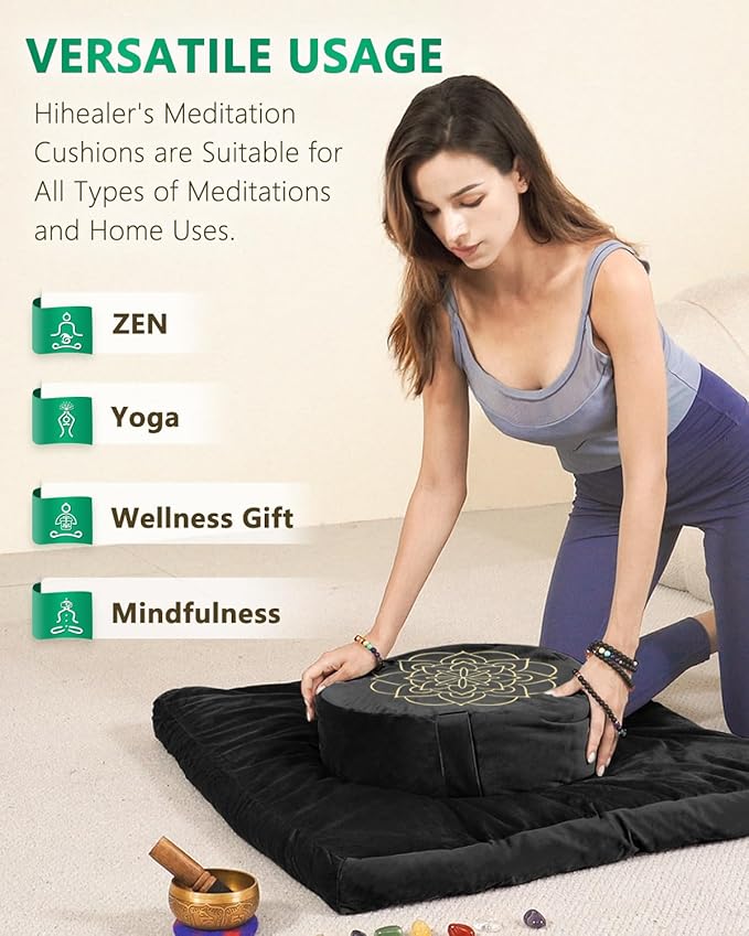 Hihealer Meditation Cushion Set Large Velvet Floor Pillow & Traditional Tibetan Yoga Bolster for Adults Zafu Meditation Mat with Buckwheat Filling (Black)