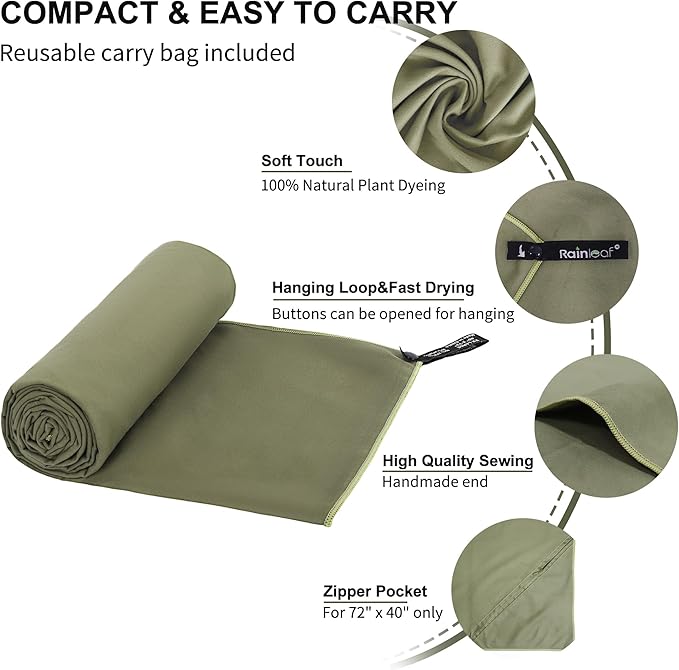 Rainleaf Microfiber Towel: Perfect for Travel, Gym, & Camping. Quick Dry - Super Absorbent - Ultra Compact - Lightweight. Suitable for Trips, Beach, Showers, Backpacking, Pool.
