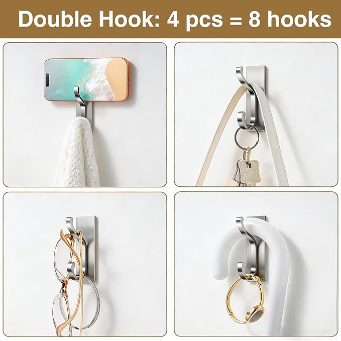 pickpiff Wall Hooks with Adhesive Strip - Easy to Remove, No Residue, Strong Heavy Duty Sticky Towel Hook, 8 Pack Silver