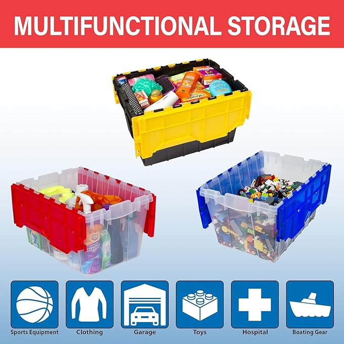 Akro-Mils KeepBox 12 Gallon Storage Container, Nesting and Stackable Plastic Storage Box with Lid Attached, Organizer Tote for Garages, Closets, and Moving, 21-1/2" x 15" x 12-1/2", Black/Yellow