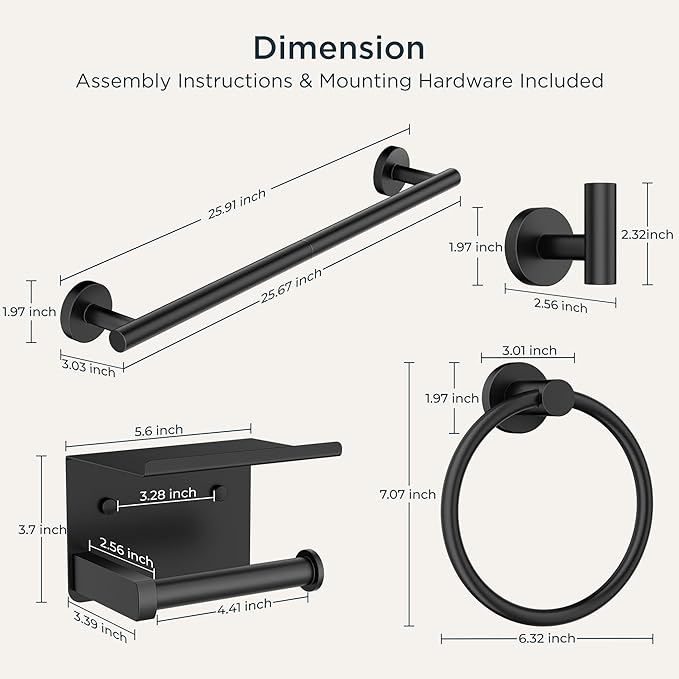 FORIOUS Bathroom Hardware Accessories Set, SUS304 Stainless Steel Towel Bar Set, Modern Towel Racks Holder for Bathroom, Toilet Paper Holder Wall Mounted 5 Pieces (24" Bar, Matte Black)