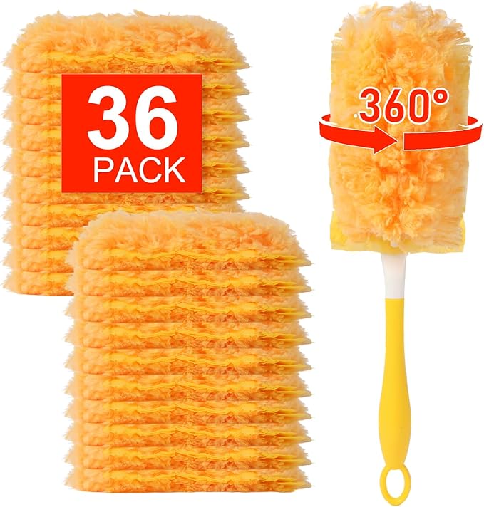 360° Heavy Duty Duster Refills for Swiffer Dusters, Multi-Surface Larger Size Duster with 4X Microfibers, Disposable Duster Refills Kit for Cleaning, Unscented, 36 Pack & 1 Handle