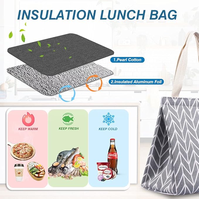 iknoe Insulated Lunch Bag for Women & Adults, 9L Foldable Wide-Open Cooler Bag with Pockets, Leakproof & Portable, for Picnic, Office, Beach (Gray Diamond)