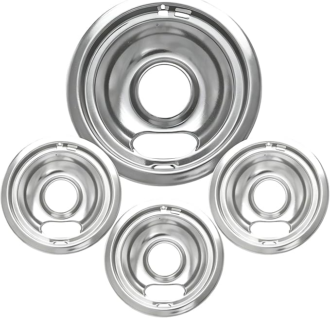 COZZIVITAW10196405 W10196406 Stove Burner Drip Pans for Electric Stove Top-Compatible with Whirlpool Electric Range-Thickening to Prevent Bent-Set of 4 Chrome Drip Pans, Silver