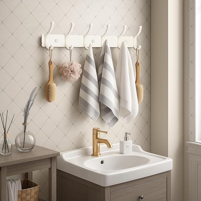 Coat Rack Wall Mount, 2 Pack Coat Hooks Hanger Wall Double Hook Rack Rail Towel Hat Rack Entryway Bathroom Hanger Organizer for Robes, Clothes, Bags, Hat(White)
