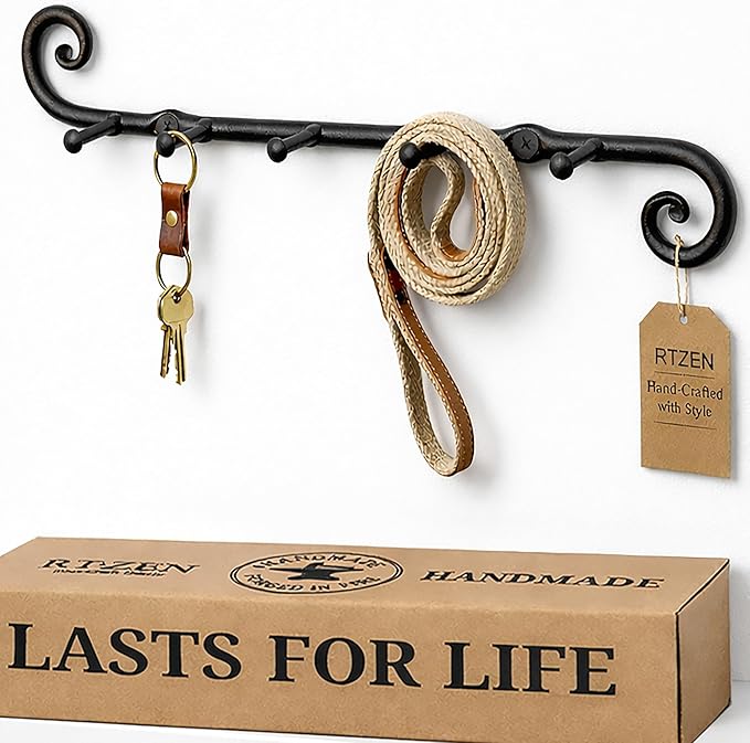 RTZEN Farmhouse Small Key Holder for Wall - Handcrafted Swirl Decorative 5 Key Hooks for Home Entryway - Wrought Iron Wall Mount Rack Purse Coat and Leash Holder or Organizer (Classic Black)