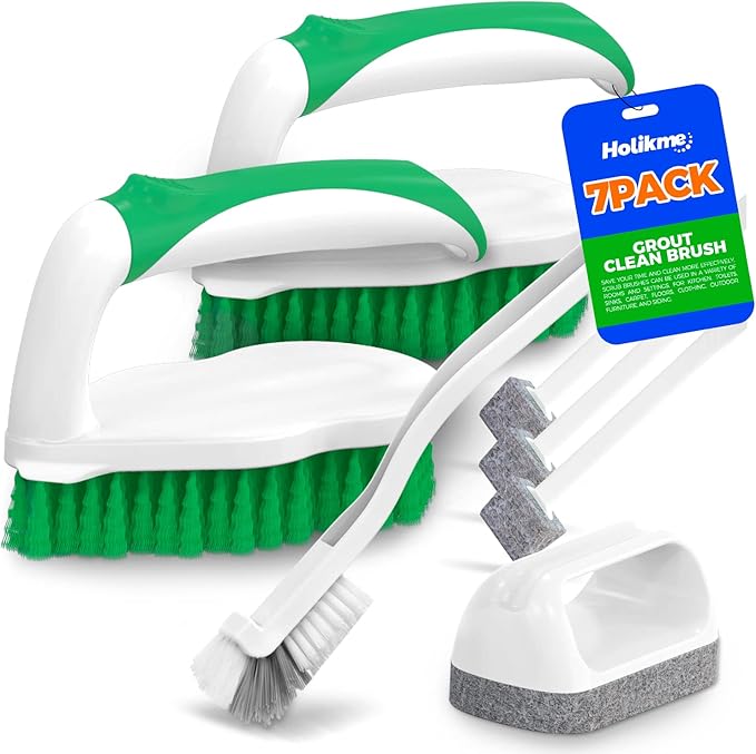 Holikme 7 Pack Deep Cleaning Brush Set, Scrub Pads with Scraper Tip for Pool Walls, Bathroom, Grout, Floor, Bike, Tub, Shower, Kitchen Surface (Green)