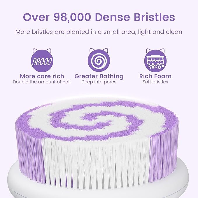 Electric Back Scrubber for Shower Body Brush, Waterproof Shower Body Scrubber for Cleansing, Massaging, Rechargeable Bath Brush for Kids & Adults with 2 Heads & 3 Speed Modes, Taro Purple XY0