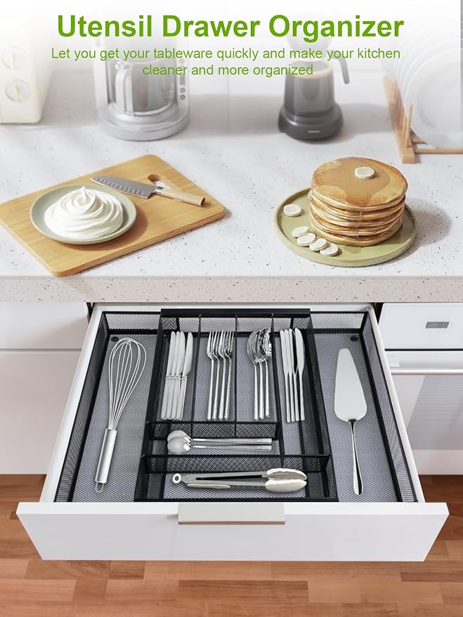 Sedegn Silverware Organizer Metal Mesh, Large Drawer Organizer, Utensil Cutlery Tray for kitchen drawers, Expandable Flatware Organizer with 8 Compartment Black 11.6"~20" x 17.3"