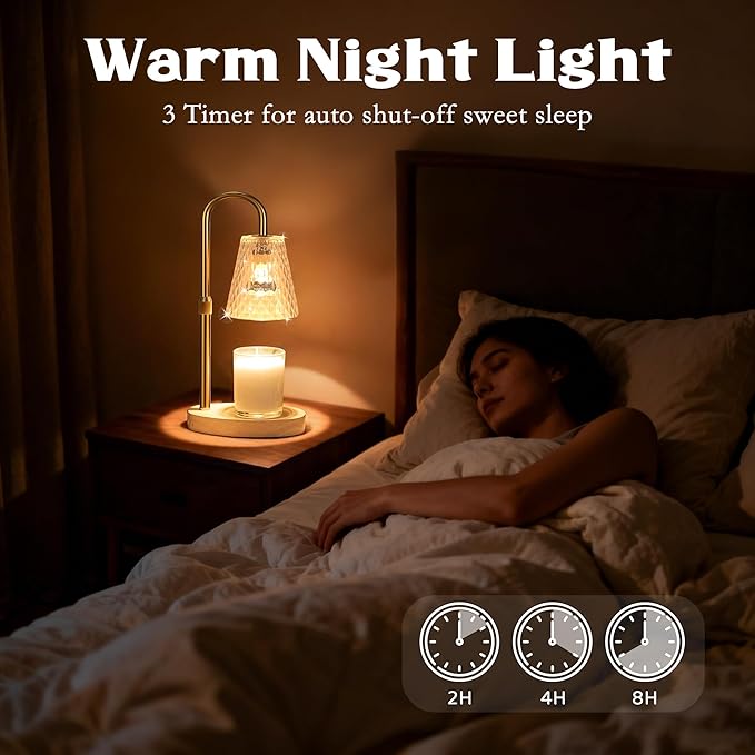 Candle Warmer Lamp with Timer: Electric Candles Warmers Adjustable Height Dimmable - Large Wax Candle Warmers Lamps Scented Flower Light - Home Decor Vintage Wood Base Shade Heat Modern Style Gold