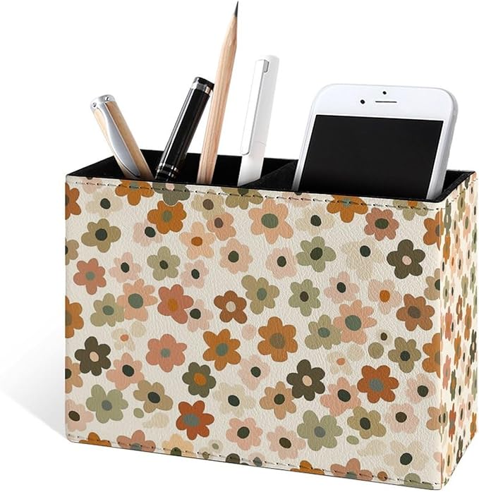 Famame Small Flowers Pattern Vintage Pencil Holder for Desk, Leather Desktop Container Pen Cup Storage Study Table Pen Organizer Makeup Brush Holder for Classroom Office Home