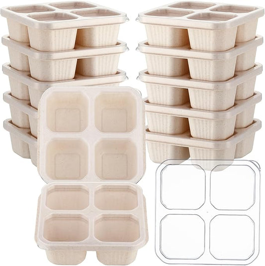 12 Pcs 4 Divided Compartments Snack Containers Bento Wheat Straw Snack Box with Lid Reusable Meal Prep Lunch Box Food Storage Containers for Adults Christmas Travel Work Gifts(Beige)