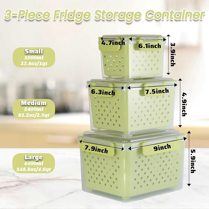 Set of 3 Fruit Storage Containers for Fridge with Removable Colander and Handle Lid, 4.6qt|2.5qt|1qt Dishwasher Microwave Safe, Keep Berry Fresh Longer (Light Green)