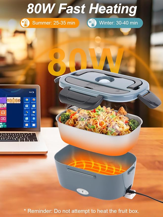 Electric Lunch Box, 80W Heated Lunch Box for Adults, 1.5L Portable Fast Heating Food Warmer for Car/Truck/Work/Travel, 12/24/110V Lonchera Eléctrica Portátil