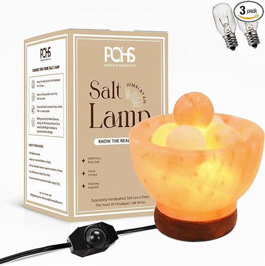 POHS Himalayan Pink Salt Fire Bowl Lamp with 5 Massage Balls, dimmable Switch Electrical Cord, with Replaceable Bulbs, Premium Wood Base.