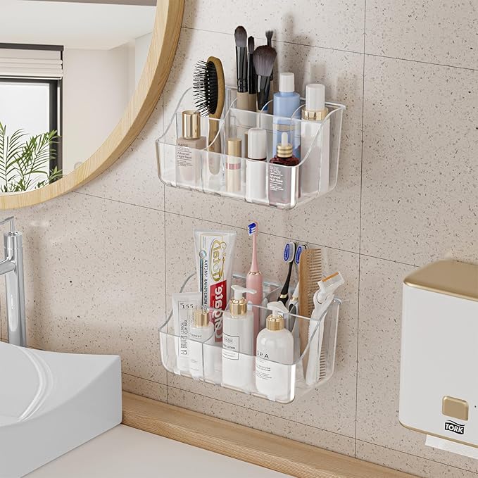 2-Pack Clear Toothbrush Holders for Bathroom Organizers and Storage, Wall-Mounted Tooth Brush Holder and Toothpaste Holder for Bathroom Wall, Countertop - Bathroom Accessories